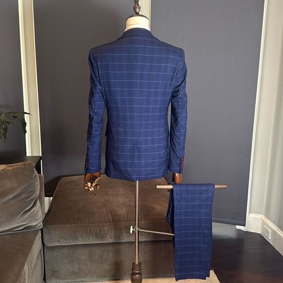 Men’s Blue Plaid 3 Piece Slim Fit Suit Notched Lapel Jacket 40 Pants 40 NWT - Picture 4 of 16